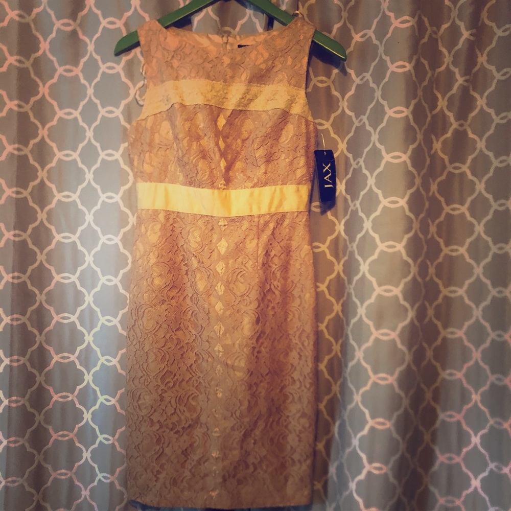 Gorgeous beige sheath dress lace super flattering!